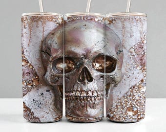 Skull Tumbler Wrap PNG | 20oz Skinny Sublimation Design | Metallic Gothic Skull Art | High-Res Straight Wrap