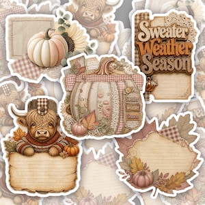 Fall Junk Journal Sticker Bundle | Autumn Scrapbooking PNG Pack | Pumpkin Spice, Highland Cow, Sweater Weather Ephemera