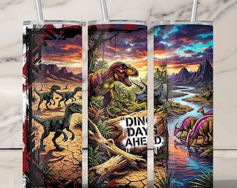 Immagine PNG per rivestimento di un bicchiere termico con dinosauri | Design per sublimazione per bicchiere termico sottile da 20 oz | Illustrazione senza soluzione di continuità di una scena di dinosauri - Giorni a venire con i dinosauri