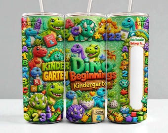 Adesivo per bicchiere con dinosauro per l'asilo nido PNG | Sublimazione sottile da 20 oz | Design didattico per la scuola materna con spazio per il nome | Adesivo dritto ad alta risoluzione