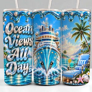 以下が含まれることがあります： クルーズ船のグラフィック、ヤシの木、ラウンジチェア、そしてOcean Views All Dayという文字が描かれた円筒形のタンブラー。青い海をテーマにしたデザインで、メタリックシルバーの文字、透明なストロー、上部には液体が滴るようなエフェクトが施されています。
