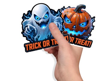 Halloween Stickers PNG | 2‑Piece Electric Blue Bundle | High‑Res Print and Cut | Trick or Treat Ghost & Pumpkin