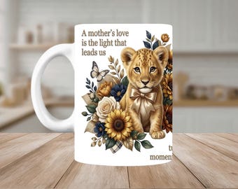 Lioness Mama Mug, Sunflower Gift for Her, Mother's Day Coffee Cup, Watercolor Lion Cub Nursery Gift, Inspirational Quote Mug for New Mom