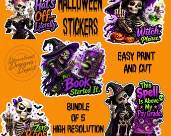 Halloween Skeleton Witch Stickers PNG | 5‑Piece Bundle | High‑Res Print and Cut | Cricut Ready | Funny Witch Stickers