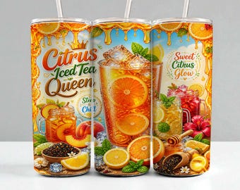 Citrus Iced Tea Tumbler Wrap PNG | 20oz Skinny Straight Sublimation Design | Sweet Citrus Glow Summer Drink Wrap