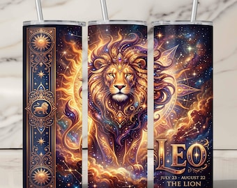 Celestial Leo Lion 20oz Skinny Tumbler Wrap, Zodiac Astrology Sublimation Design PNG Digital Download