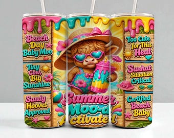 Adesivo per bicchiere estivo Highland Cow PNG | Sublimazione Skinny da 20 oz | Mucca da spiaggia | Attivazione dell'umore estivo | Adesivo dritto ad alta risoluzione