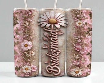 Bekerhoesje voor bruidsmeisjes - 20oz sublimatie PNG - Roze madeliefjes bloemen bruiloft design