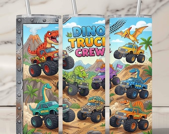 Monster truck dinosaur crew tumbler wrap png with t-rex and triceratops for sublimation kids design