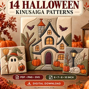 May include: Three Kinusaiga fabric art panels featuring Halloween themes. The central panel shows a haunted house with pumpkins, while the smaller panels depict a ghost with a broom and a cat by a lamppost. Text reads 14 HALLOWEEN KINUSAIGA PATTERNS.