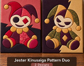 Paquete de patrones imprimibles de Jester Kinusaiga, 2 plantillas de Halloween Kinusaiga, arte textil sin costuras, patrón de arte japonés en espuma en formato PDF, PNG y SVG.