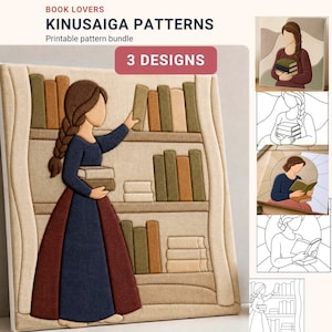Paquete de patrones Kinusaiga, 3 plantillas de patrones Kinusaiga Bookish, nivel principiante a intermedio, sin costuras, aprovechamiento de retazos textiles, PDF PNG SVG imagen 1