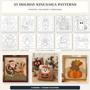 Holidays Kinusaiga Printable Patterns Bundle, 33 Kinusaiga Pattern Template set, No Sew Textile Art, PDF Digital Download