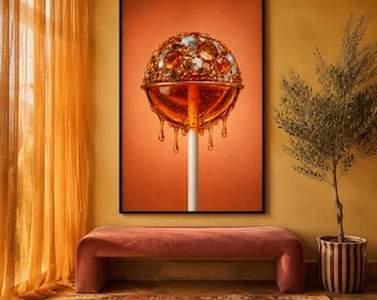 Puede incluir: Una impresión de arte mural enmarcada que muestra una piruleta con una parte superior esférica cubierta de cristales facetados de color ámbar y transparentes. La mitad inferior es un líquido naranja translúcido con gotas sobre un palo blanco.