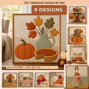 Könnte beinhalten: Eine Sammlung von 9 digitalen Kinusaiga-Mustern mit Thanksgiving-Motiven. Die Designs umfassen einen Kürbis, einen Kuchen, einen Krug mit Herbstblättern, Truthähne, eine Person mit einem gebratenen Vogel und Kerzen, alle in einer stoffartigen Textur.