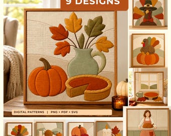 Puede incluir: Una colección de 9 patrones Kinusaiga con temas de Acción de Gracias. La imagen principal muestra una obra de arte con textura de tela con una calabaza, un pastel y un jarrón de hojas de otoño. Texto: COZY THANKSGIVING KINUSAIGA PATTERNS, 9 DESIGNS, DIGITAL PATTERNS | PNG + PDF + SVG.