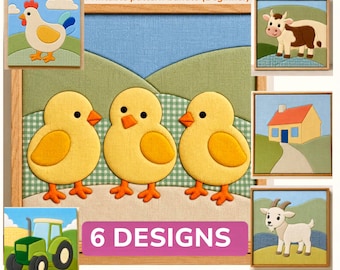 Puede incluir: Un paquete de descarga digital titulado FARM KINUSAIGA Printable pattern bundle (Beginner) con 6 diseños. Las imágenes muestran arte estilo tela de un pollo, una vaca, una casa, un tractor, una cabra y tres pollitos en marcos de madera.