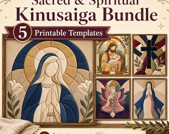 Puede incluir: Un paquete digital de 5 plantillas Kinusaiga imprimibles con diseños sagrados y espirituales. La imagen principal muestra una figura en oración, mientras que los paneles más pequeños representan un pastor, una cruz y una flor de loto.