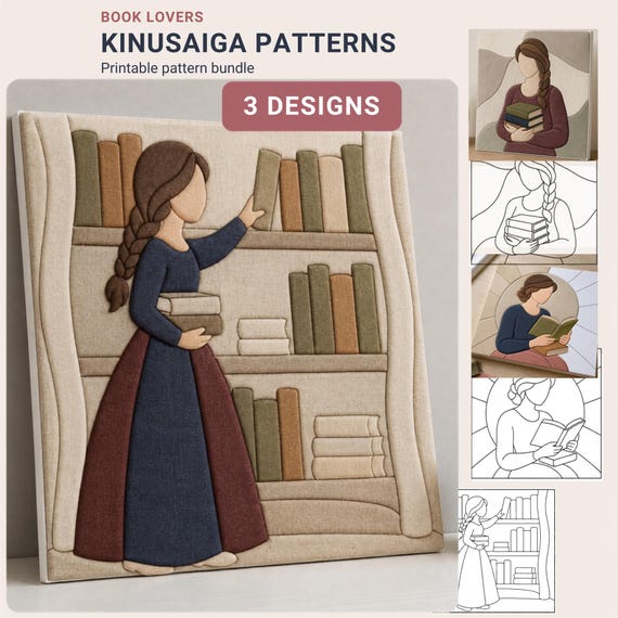 Kinusaiga Patterns Bundle, 3 Bookish Kinusaiga Pattern Template Printable, No Sew Textile Quilt Pattern, PDF PNG SVG for Book Lovers