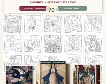 Puede incluir: Una colección de 71 patrones Kinusaiga imprimibles para niveles principiante e intermedio, con 12 colecciones temáticas en PDF. Los diseños incluyen arte lineal de colibrí, mariposa, pavo real y dragón, con tamaños base de 15, 18, 20 y 25 cm.