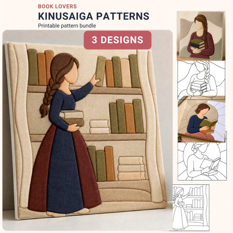 Paquete de patrones Kinusaiga, 3 plantillas de patrones Kinusaiga Bookish, nivel principiante a intermedio, sin costuras, aprovechamiento de retazos textiles, PDF PNG SVG imagen 1