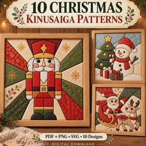 Könnte beinhalten: Eine digitale Sammlung von 10 Weihnachts-Kinusaiga-Mustern mit einem Nussknacker, einem Schneemann mit Baum und Geschenken sowie dem Weihnachtsmann im Schlitten mit Rentier. Der Text lautet 10 Christmas Kinusaiga Patterns und PDF + PNG + SVG + 10 Designs.