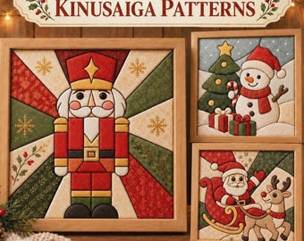 Puede incluir: Una colección digital de 10 patrones de Kinusaiga navideños con un cascanueces, un muñeco de nieve con árbol y regalos, y Santa Claus en un trineo con un reno. El texto dice 10 Christmas Kinusaiga Patterns y PDF + PNG + SVG + 10 Designs.