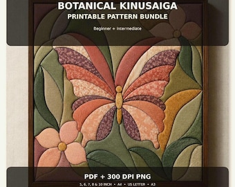 Puede incluir: Un paquete de patrones imprimibles titulado Botanical Kinusaiga con 8 diseños para principiantes e intermedios. La imagen muestra un motivo de mariposa y flores en tonos rosa, verde y marrón. Incluye archivos PDF y PNG de 300 DPI en tamaños A4, A3 y pulgadas.