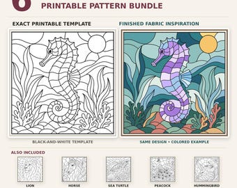 Puede incluir: Un paquete de 6 patrones imprimibles Animal Kinusaiga con una plantilla de caballito de mar en blanco y negro y una versión a color. Incluye diseños adicionales de león, caballo, tortuga marina, pavo real y colibrí. Descarga digital PDF y PNG.