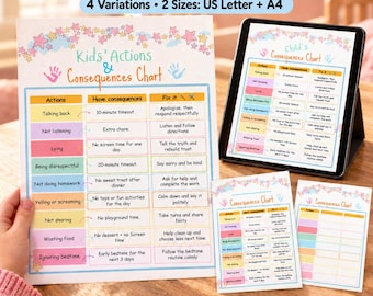 Puede incluir: Un cuadro de acciones y consecuencias para niños impreso en papel y mostrado en una pantalla de tableta. El cuadro presenta filas coloridas que enumeran comportamientos, consecuencias y soluciones con gráficos de estrellas y manos.