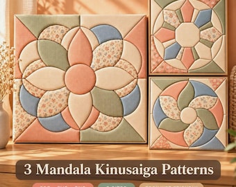 Puede incluir: Tres paneles de pared cuadrados con patrones geométricos de mandala cubiertos de tela en tonos suaves de melocotón, verde salvia y azul polvoriento con detalles florales. El texto dice 3 Mandala Kinusaiga Patterns, PDF + SVG + PNG, 5 SIZES, BEGINNER FRIENDLY, DIGITAL DOWNLOAD • NO PHYSICAL ITEM.