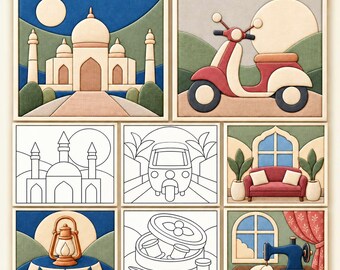 Puede incluir: Un paquete digital de 8 diseños con ilustraciones en capas de un Taj Mahal, un scooter, un sofá, una linterna, una máquina de coser y plantillas de arte lineal. El texto dice Cultural Bundle, 8 Designs, Bundle 2 of 2, PDF, PNG, SVG, 6, 7, 8 & 10 inch.