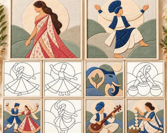 Puede incluir: Un paquete digital de 10 diseños con ilustraciones de personas con vestimenta tradicional, bailarines, un elefante e instrumentos musicales. La colección incluye versiones a color y de línea con el texto Cultural Bundle 10 Designs.