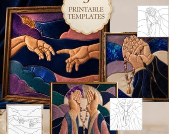 Puede incluir: Tres patrones espirituales Kinusaiga imprimibles con estilo de vidriera. Los diseños incluyen dos manos extendidas una hacia la otra y dos pares de manos en oración con rosarios. El texto incluye 3 PRINTABLE TEMPLATES.