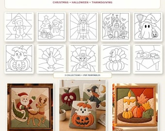 Puede incluir: Una colección de 33 patrones de Kinusaiga para Navidad, Halloween y Acción de Gracias. La imagen muestra plantillas de arte lineal en blanco y negro para manualidades, junto a tres ejemplos terminados en tela con Santa, un fantasma y decoración otoñal.