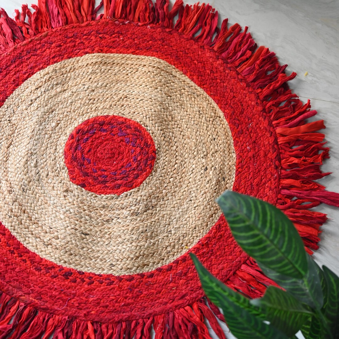5X5 Chindi Round Rug, Fringes Round Chindi Jute Rug, Bohemian Décor ...
