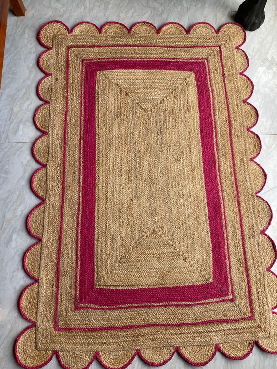 Handmade Jute Rug, Scalloped Jute Rug For Living Room, Jute Area Rug, Kitchen Area Rug, Natural Jute Rug, Bohemian Style Custom Size Rug