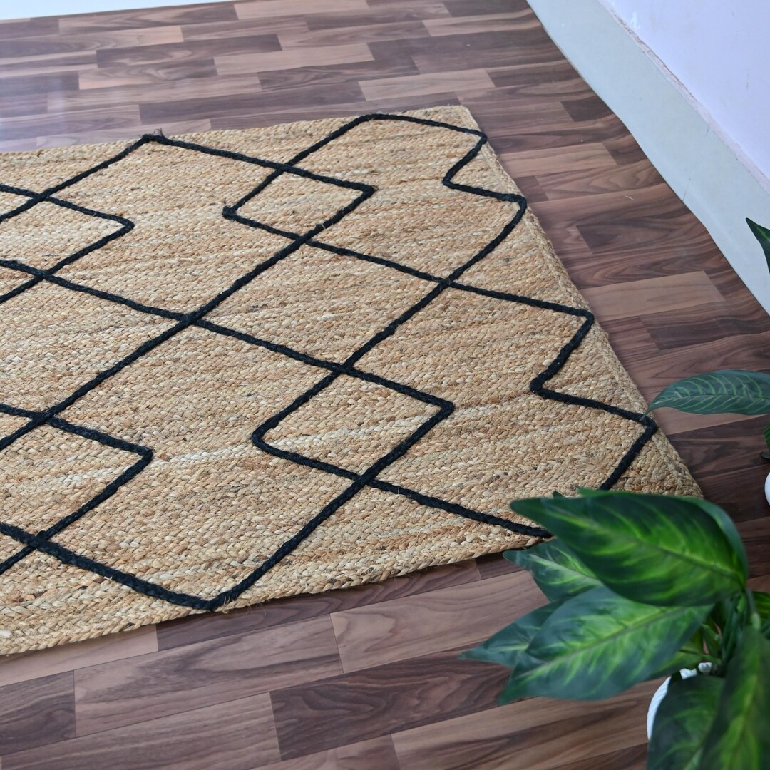 8X10 Feet Handwoven Jute Rug With Black Diamond Pattern, Natural Rug ...