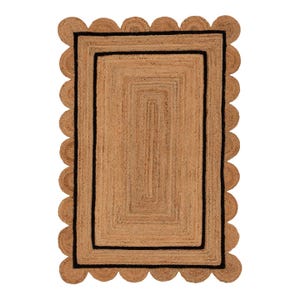May include: A rectangular jute rug with a scalloped edge. The rug has a natural tan color with a black border and a rectangular design in the center. The rug is suitable for indoor use.