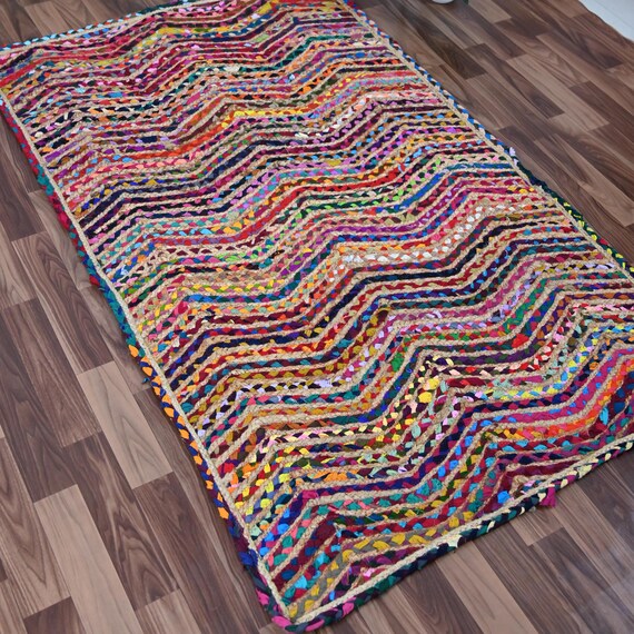 Handwoven Rug Chindi Rug, Multicolour Cotton Rug, Living Room Rug, Jute Chindi Rug, Vintage Style Rug, Bathroom Floor Rug