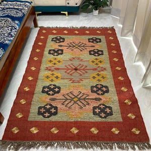 Handwoven Kilim Rug, Bohemian Pattern Rug, Eco Friendly Jute Rug, Wool Jute Blend Rug, Boho Area Rug, Rustic Farmhouse Rug, Living Room Rug