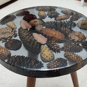 Op de afbeelding: Een ronde bijzettafel met een helder harsblad met verschillende dennenappels en zaaddozen. De tafel heeft een donkerbruine rand en drie houten poten. De tafel heeft een diameter van ongeveer 51 cm.