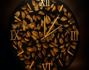 Handmade Epoxy Resin Wall Clock: Modern Black and Natural Wood Decor (13.7 inch/35cm)
