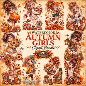 Könnte beinhalten: Eine digitale Clipart-Sammlung mit dem Titel WATERCOLOR AUTUMN GIRLS Clipart Bundle, die 20 Illustrationen von Mädchen mit Brillen in herbstlichen Umgebungen mit Kürbissen, Sonnenblumen, Herbstlaub, Tieren und saisonalen Gegenständen auf beigem Grund zeigt.