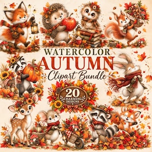 Könnte beinhalten: Eine digitale Sammlung von 20 Aquarellillustrationen mit Waldtieren wie Fuchs, Igel, Eule, Eichhörnchen, Waschbär, Reh, Maus und Hase, verziert mit Herbstblättern, Kürbissen und Laternen mit dem Text Watercolor Autumn Clipart Bundle 20 Charming Designs.