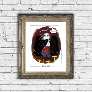 Könnte beinhalten: Ein gerahmter Druck mit einer Cartoon-Illustration einer Figur in einem schwarzen Umhang, einer roten Weste und einer blauen Hose, die zwischen gelben Kreuzen kniet. Die Figur hat eine Sprechblase mit dem Wort "AAAAAAH!". Der Druck ist mit "UNCLE VLAD" beschriftet.