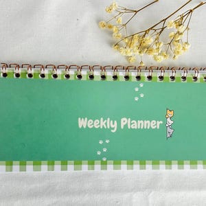 Cute Kawaii Weekly Desk Pad Planner | Undated 52 Week Horizontal Notebook | Sage Green Gingham Landscape To Do & Cat Lover Home Organizer