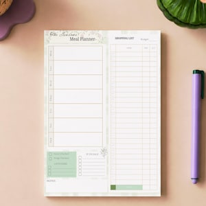Peut inclure: Un bloc-notes de planification de repas rectangulaire avec un fond blanc et des accents vert clair. L'en-tête indique The Seasons Meal Planner. Il comprend un planning hebdomadaire du lundi au dimanche, une liste de courses et des notes.