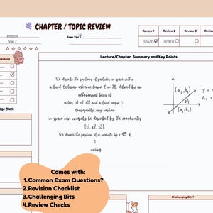 Peut inclure: Un guide d'étude blanc avec le titre "CHAPTER / TOPIC REVIEW" et une liste de contrôle de révision. Le guide comprend des équations mathématiques manuscrites et le texte "Comes with: 1. Common Exam Questions? 2. Revision Checklist 3. Challenging Bits 4. Review Checks."