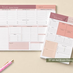 Puede incluir: Un planificador semanal horizontal y un bloc de notas diario vertical con encabezados en rosa y malva. El bloc semanal presenta secciones para principios de semana, mediados de semana y fin de semana. El bloc diario incluye una cuadrícula de cuatro.